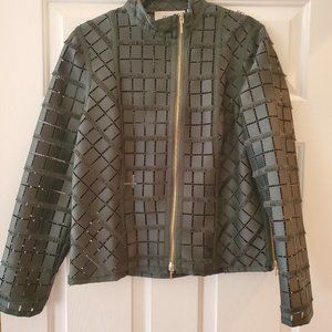 Per Se Thyme Jacket Green Italian lace Fringed Zip Front Size 8